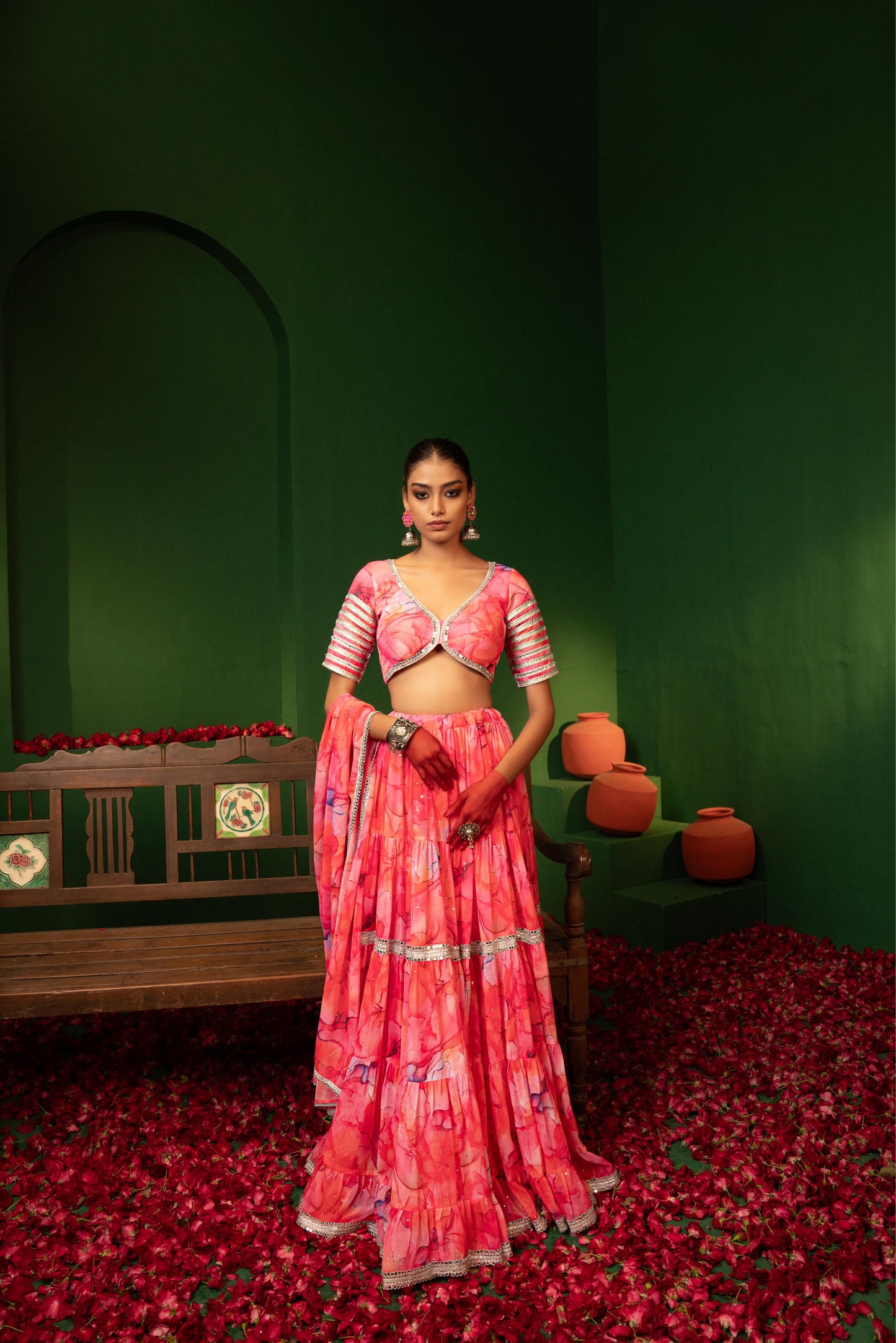 French Pink Georgette Crop Top, Skirt, and Dupatta Set