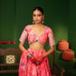 French Pink Georgette Crop Top, Skirt, and Dupatta Set