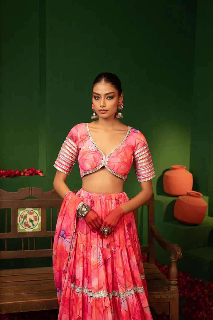 French Pink Georgette Crop Top, Skirt, and Dupatta Set