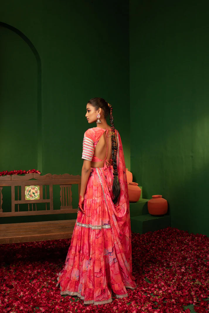 French Pink Georgette Crop Top, Skirt, and Dupatta Set