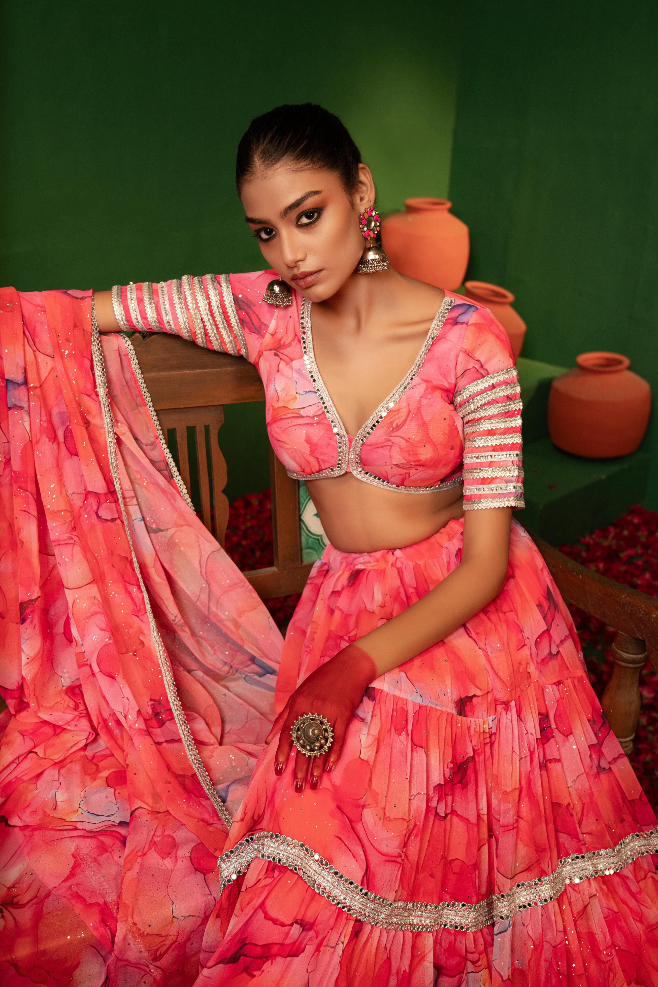 French Pink Georgette Crop Top Skirt and Dupatta Set Kzari The Design Studio