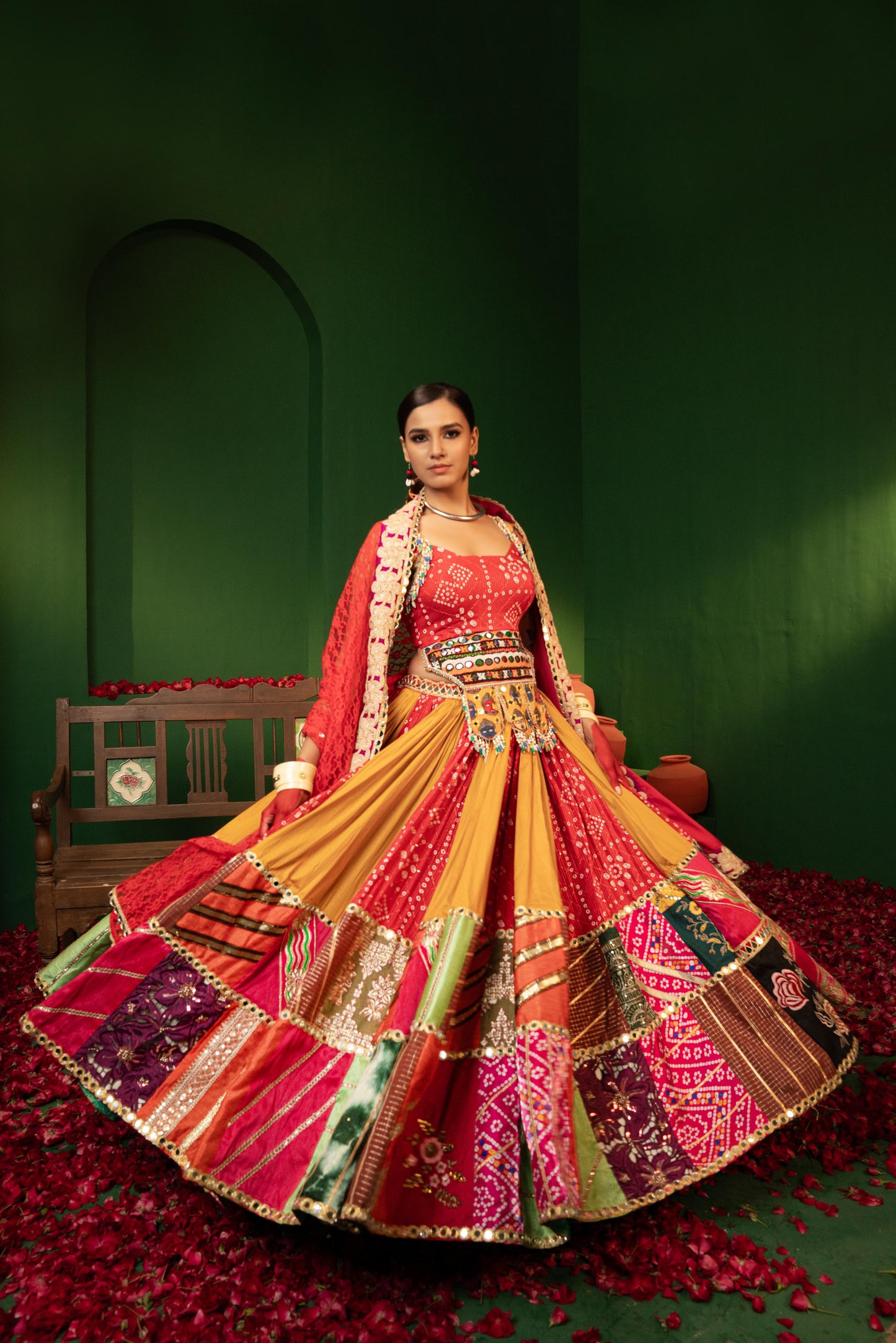 Devi Laal Peela Rang Lehenga Choli with Dupatta in Rayon Silk & Cotton Satin