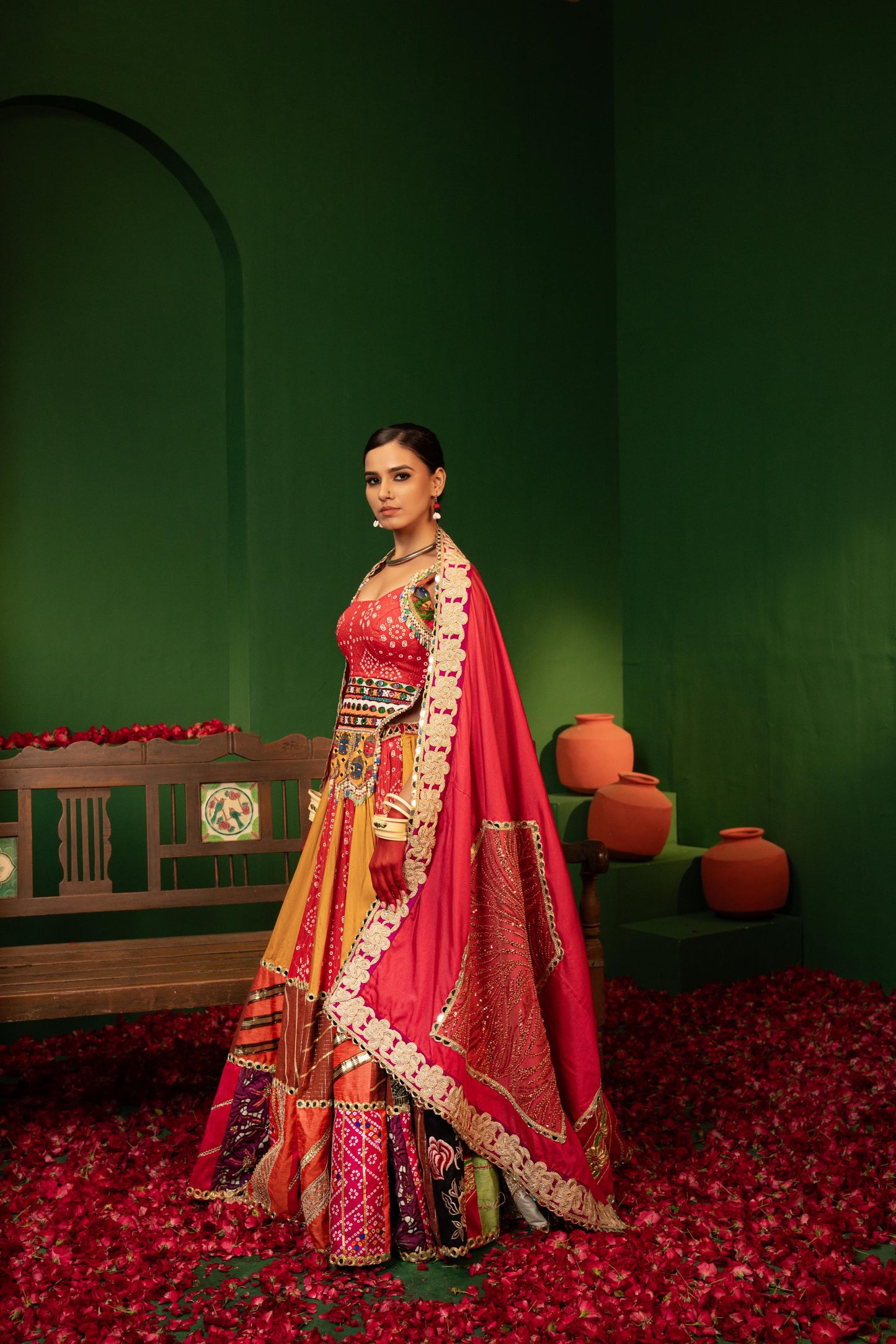 Devi Laal Peela Rang Lehenga Choli with Dupatta in Rayon Silk & Cotton Satin