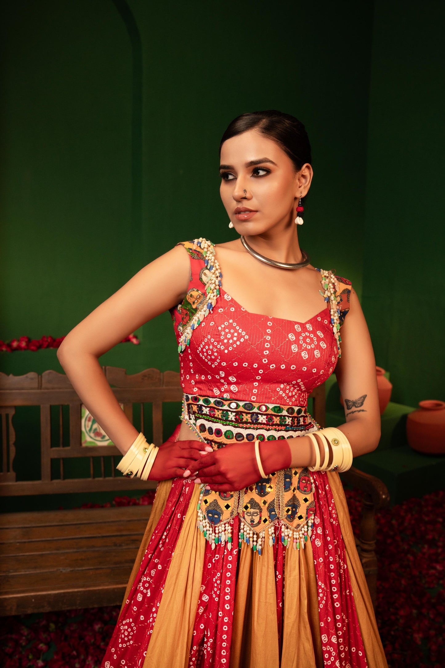 Devi Laal Peela Rang Lehenga Choli with Dupatta in Rayon Silk & Cotton Satin