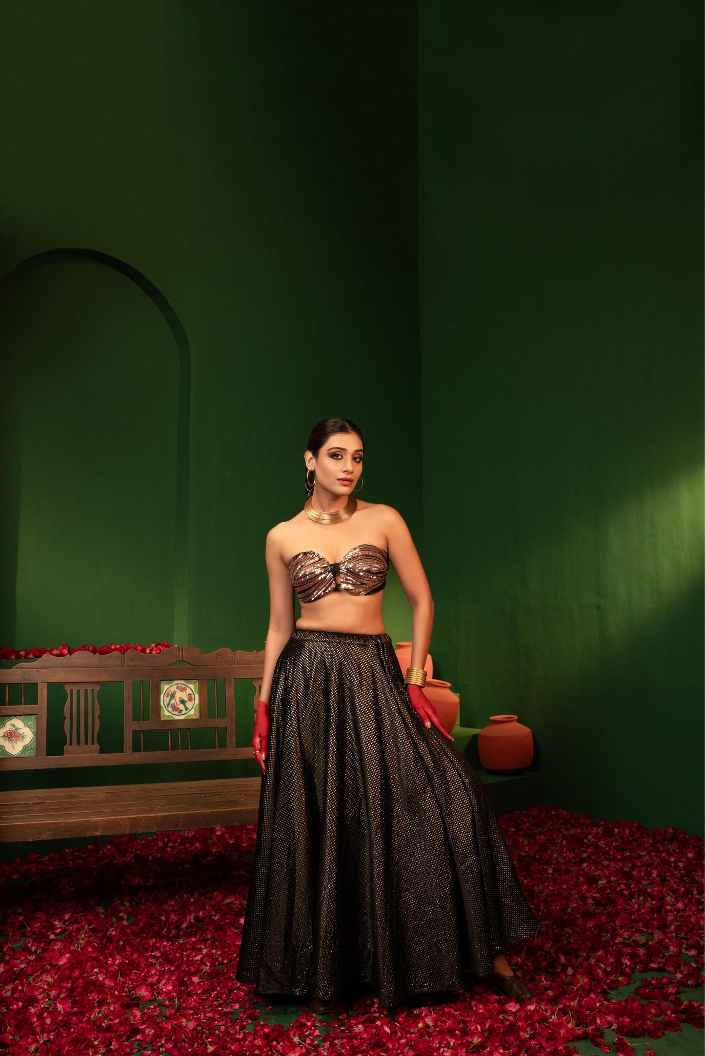 Devi Metal Gold Lehenga in Gajji Silk & Organza