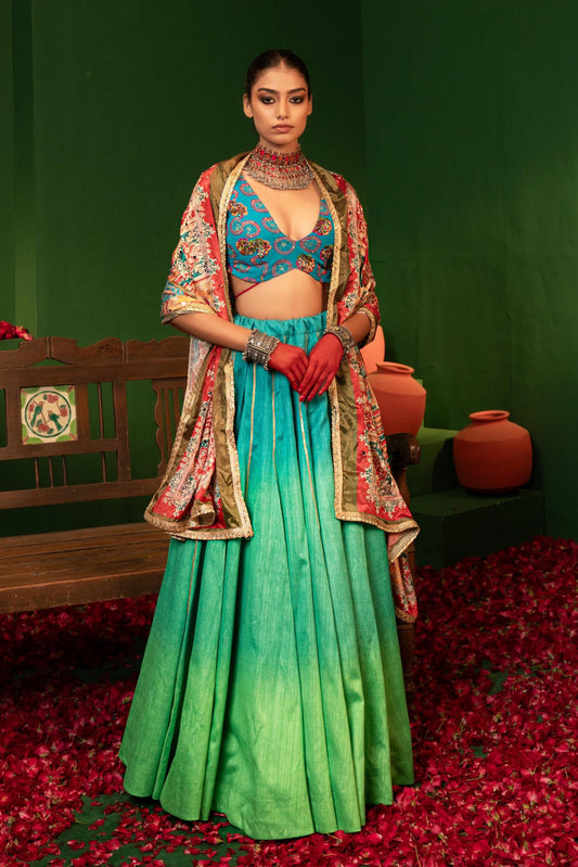 Devi Arctic Blue Lehenga in Raw Silk, Georgette & Crepe