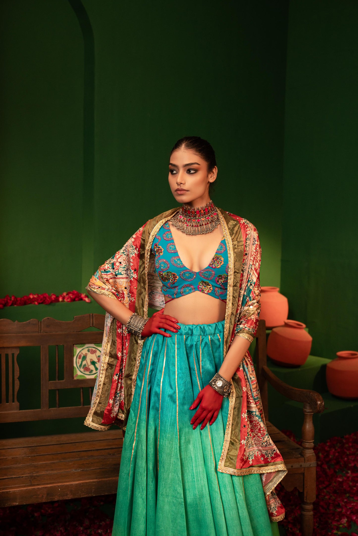 Devi Arctic Blue Lehenga in Raw Silk, Georgette & Crepe