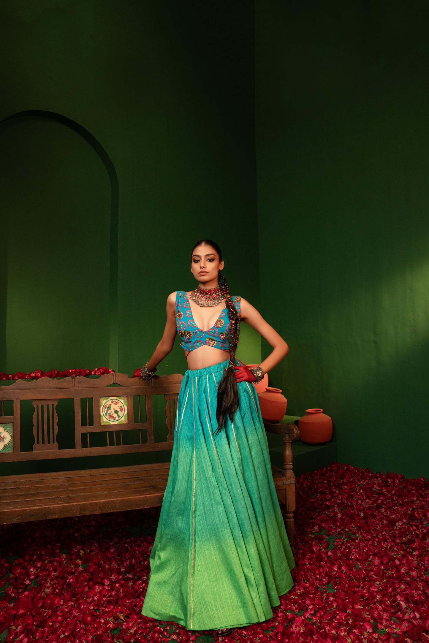 Devi Arctic Blue Lehenga in Raw Silk, Georgette & Crepe