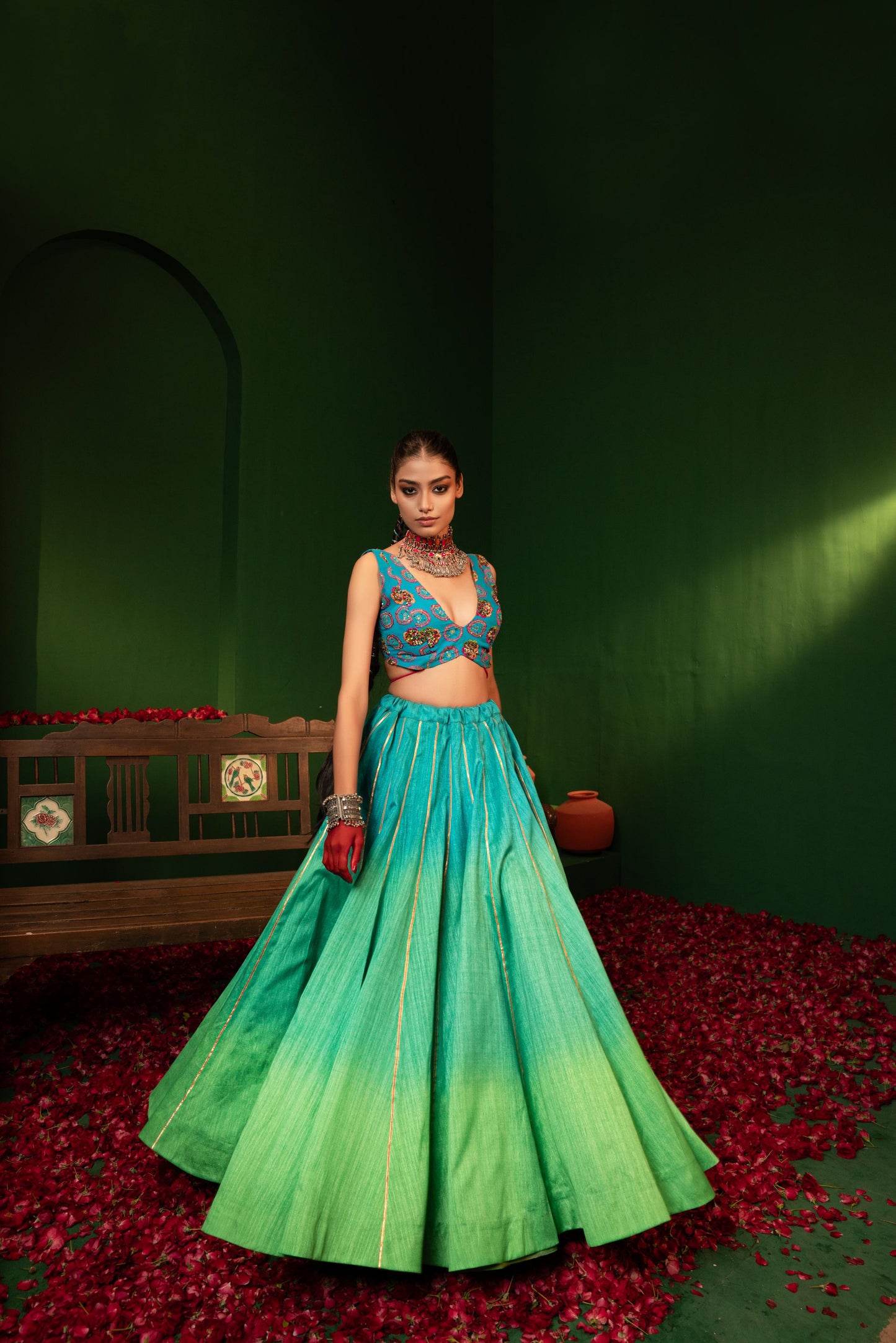 Devi Arctic Blue Lehenga in Raw Silk, Georgette & Crepe