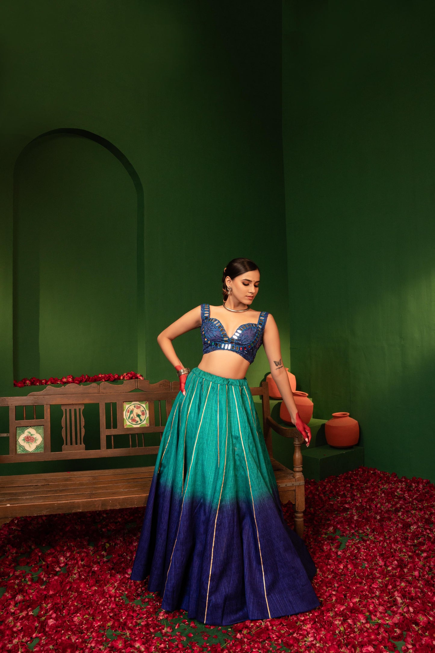 Devi Azure Silk Lehenga in Raw Silk & Crepe