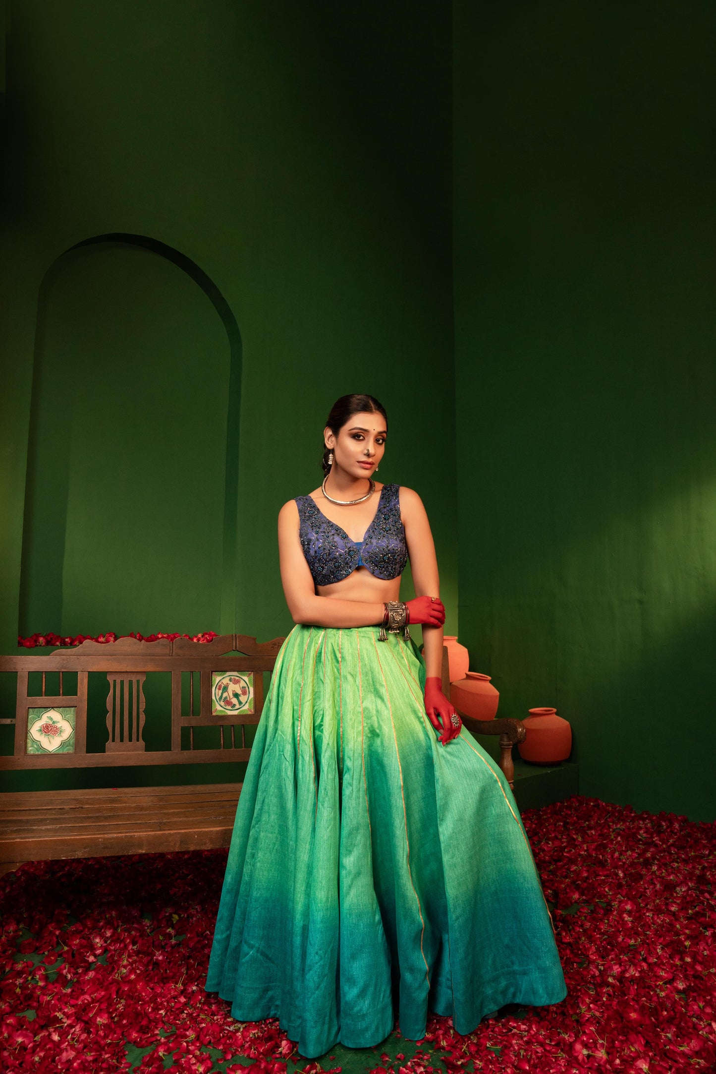 Devi Pacific Green Lehenga in Raw Silk, Chiffon & Crepe