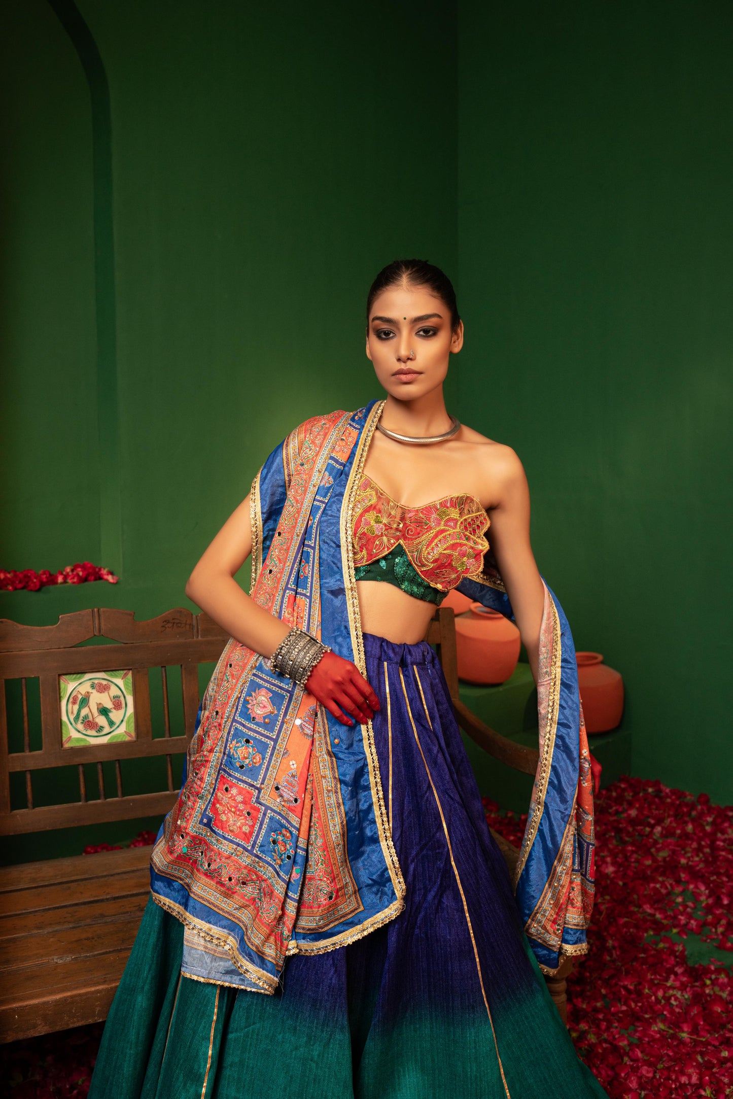 Devi Blue Orchid Lehenga in Raw Silk & Crepe