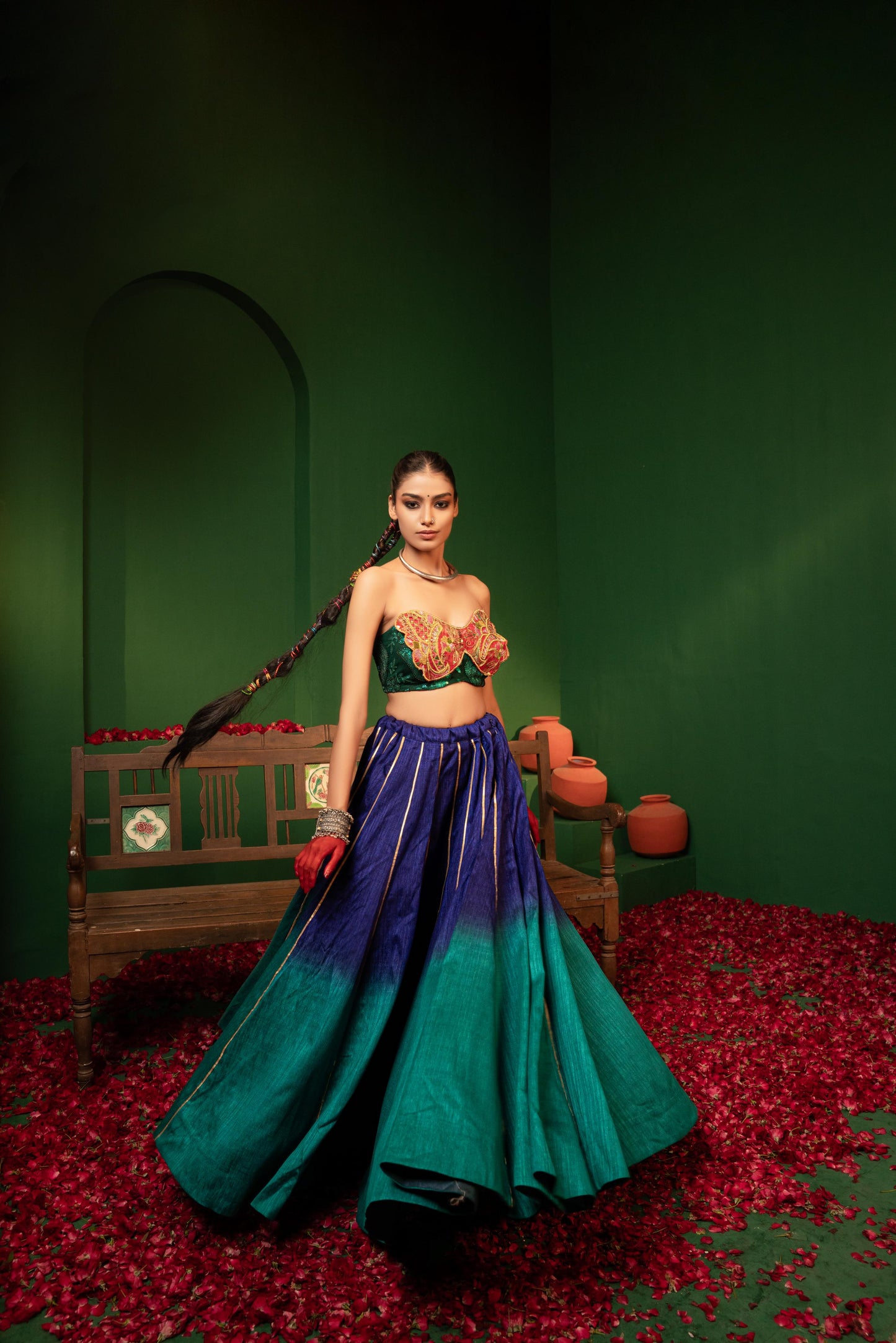 Devi Blue Orchid Lehenga in Raw Silk & Crepe