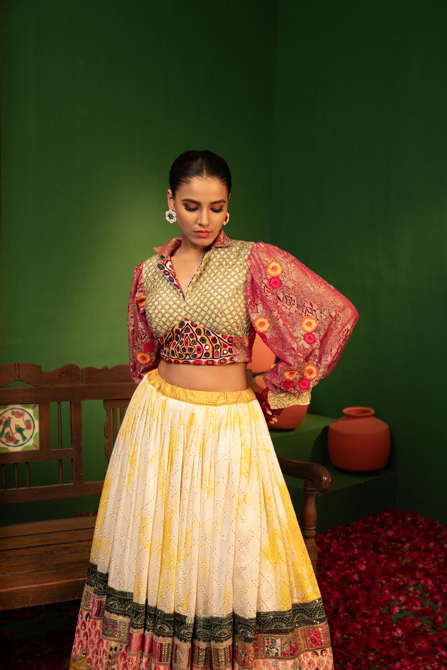 Devi Aloka Yellow Batik Lehenga with Chanderi Silk and Silk Blouse