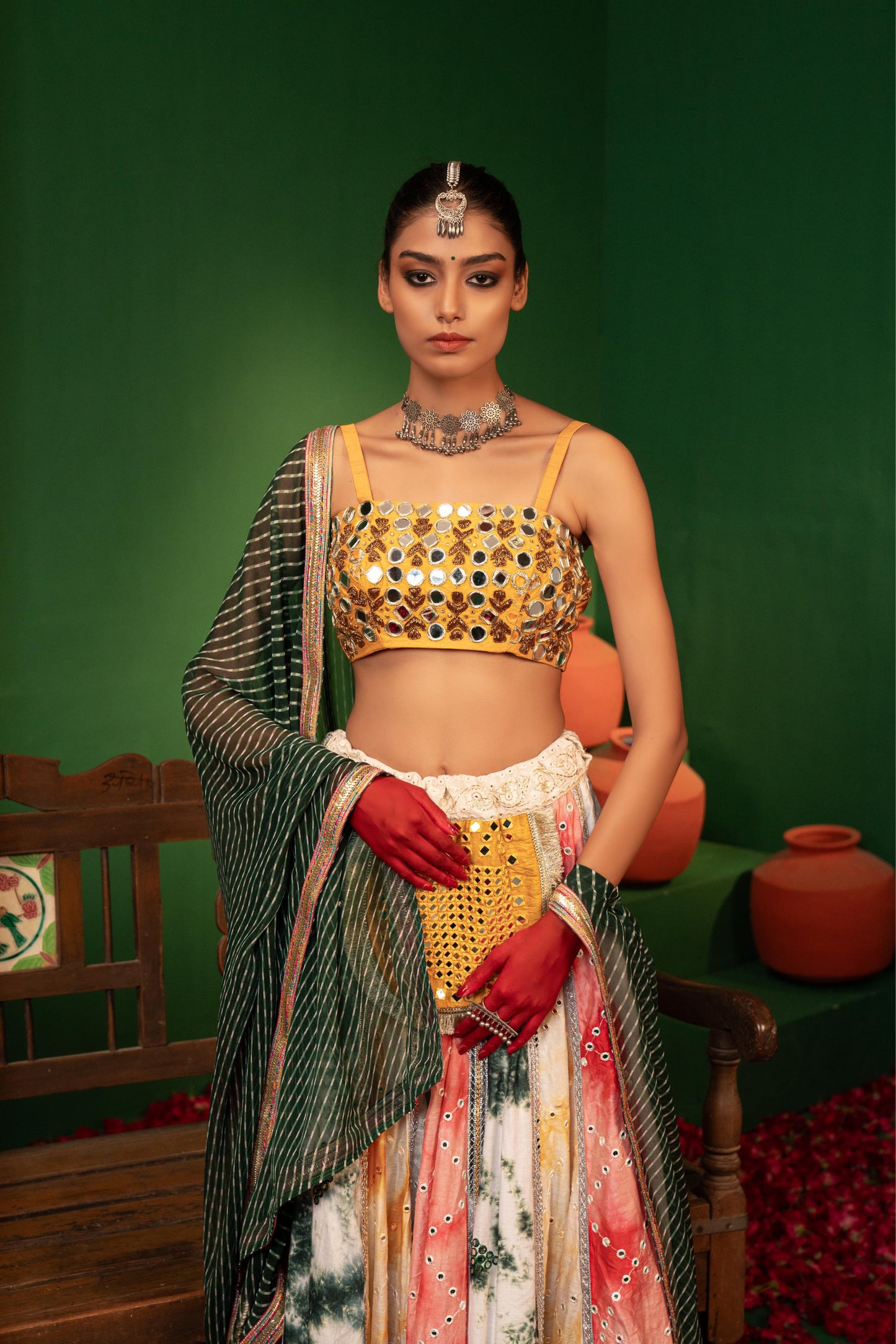 Devi Leela Colour Lehenga with Mirror Work Blouse in Chanderi Silk