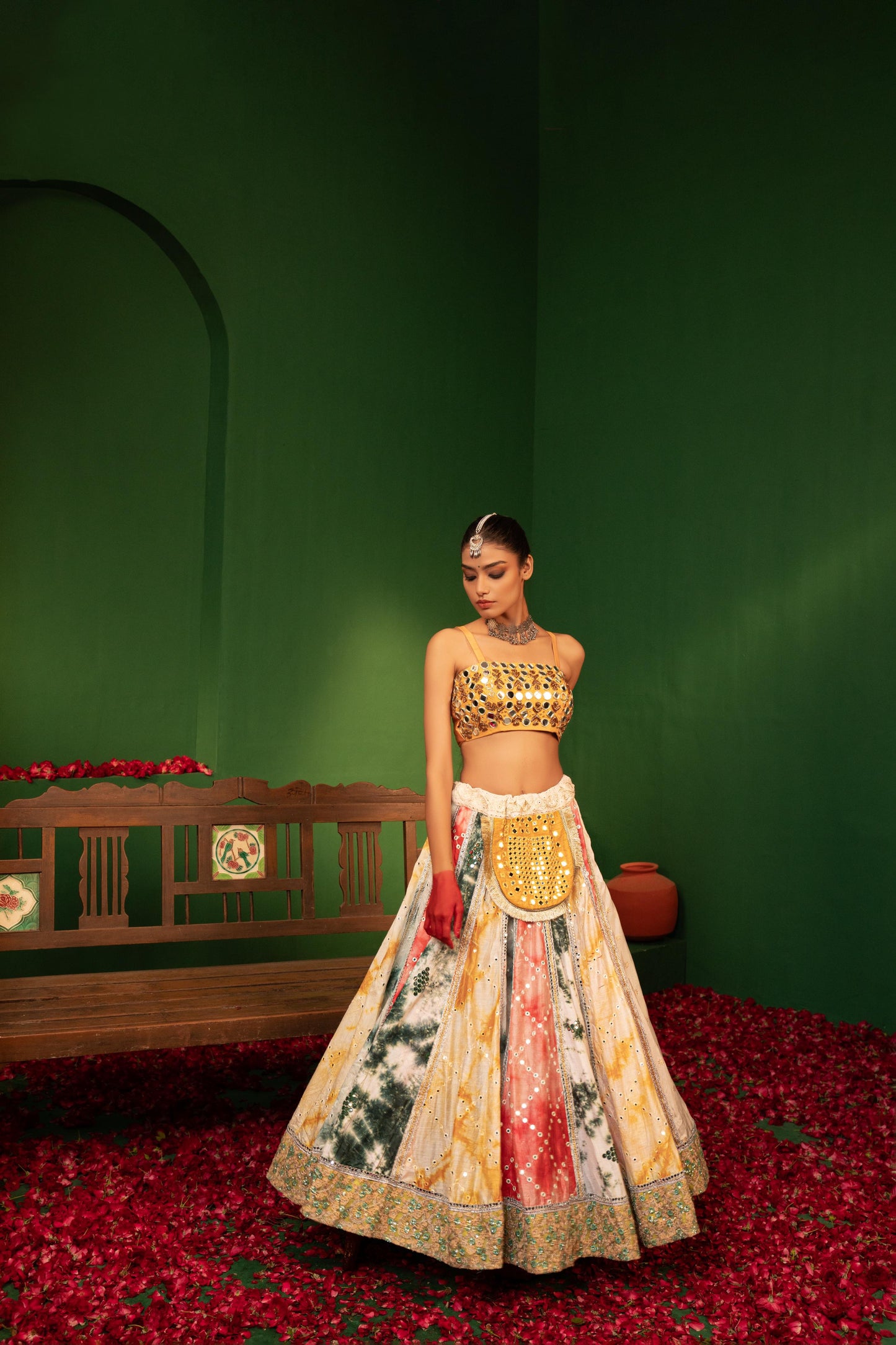 Devi Leela Colour Lehenga with Mirror Work Blouse in Chanderi Silk