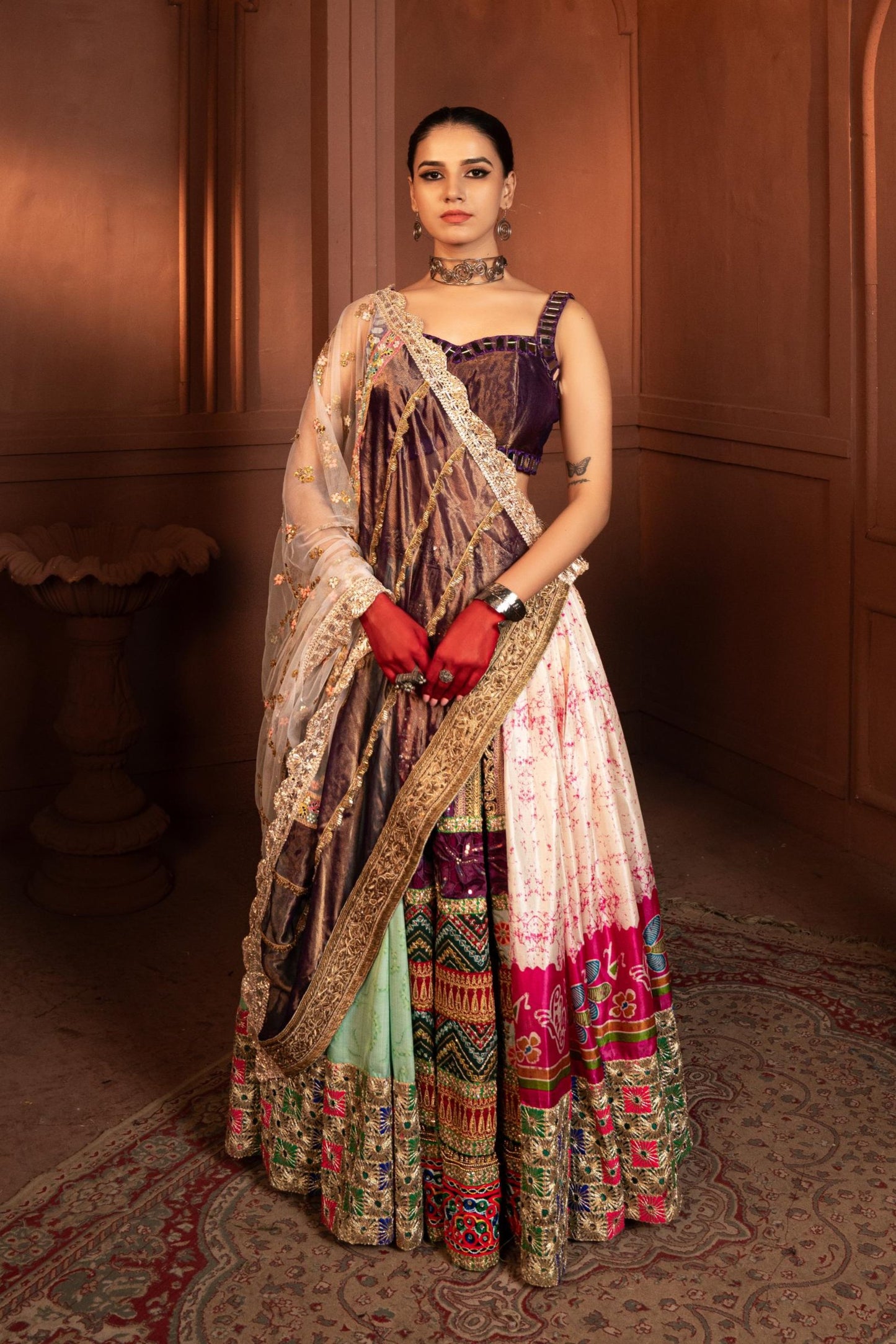 Devi Purple Coneflower Mirror Lehenga in Organza and Silk