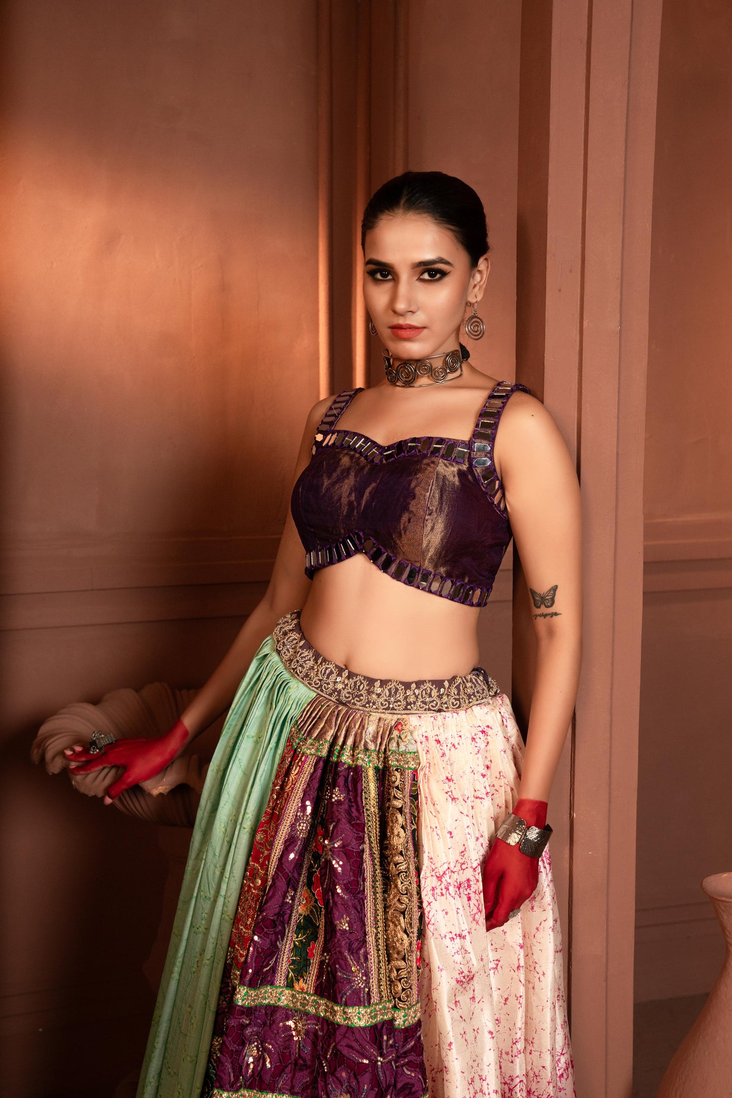 Devi Purple Coneflower Mirror Lehenga in Organza and Silk