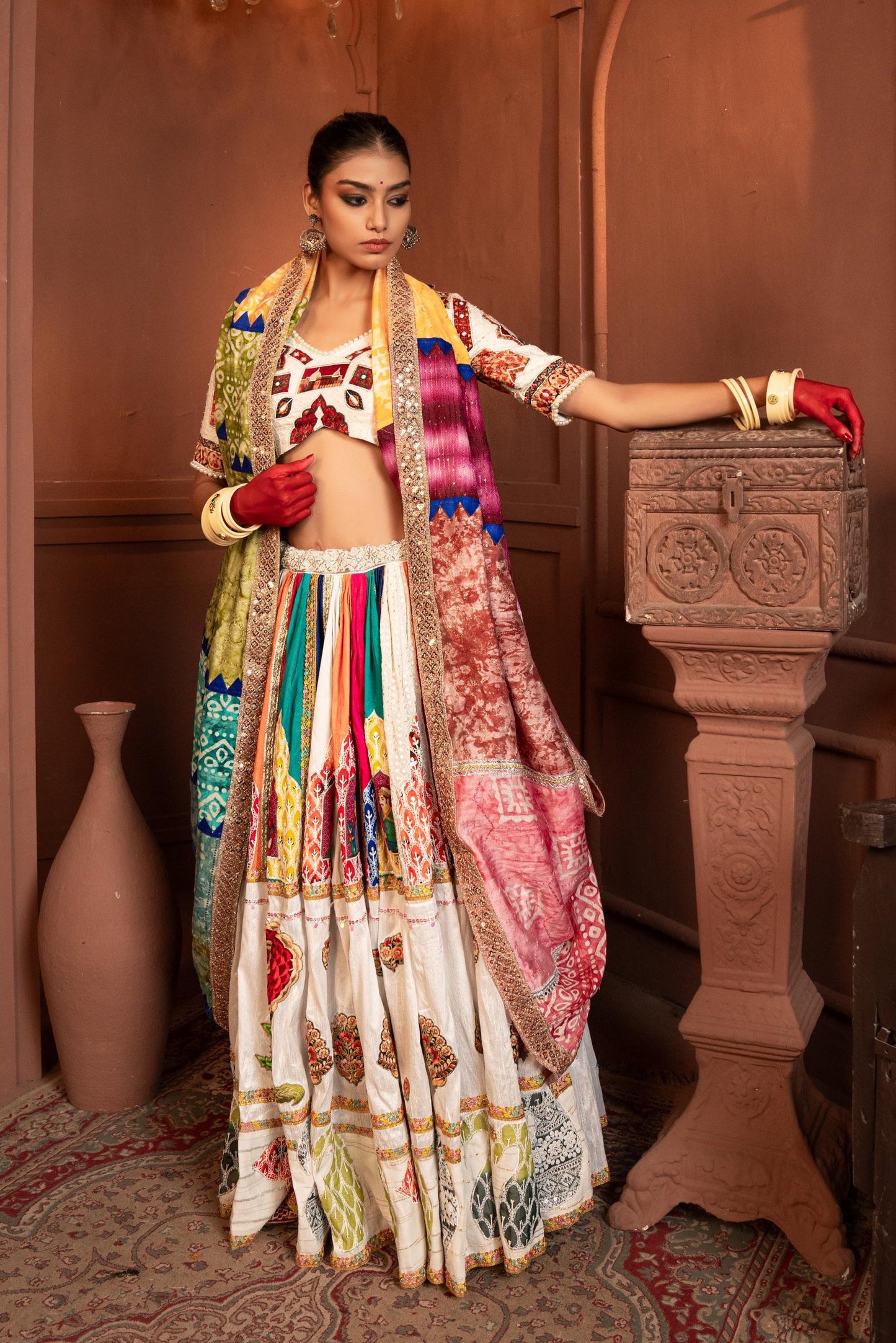 Devi White Emerald Allover Patch Work Silk Lehenga