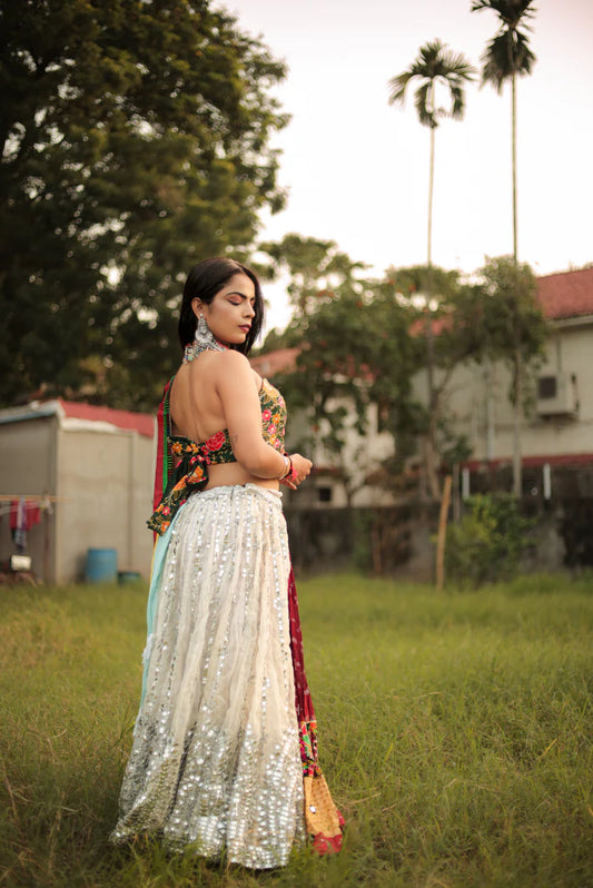 Floral Blouse with Vibrant Lehenga & Chiffon Dupatta