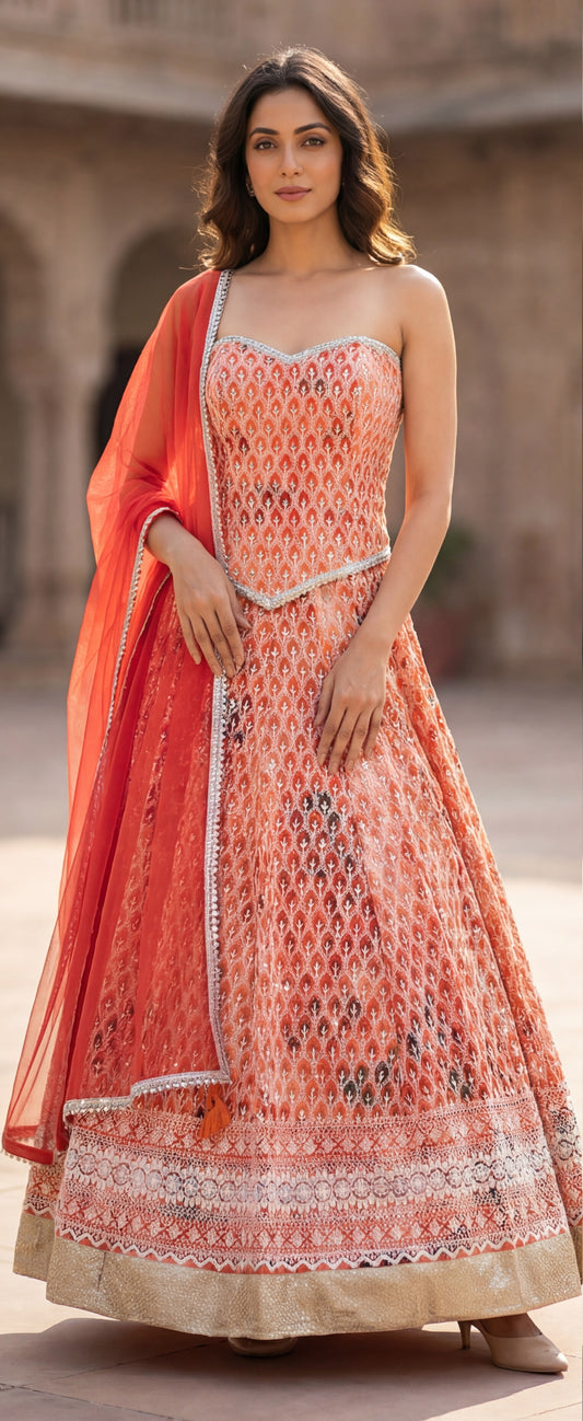 Noor-e-Ziya Rust Embroidered Lehenga Set