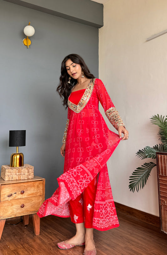 Red Lotus Mirror Kurta Pant