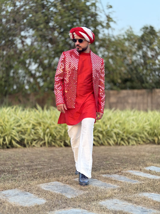 Red Radiant Mirror Jacket with Kurta