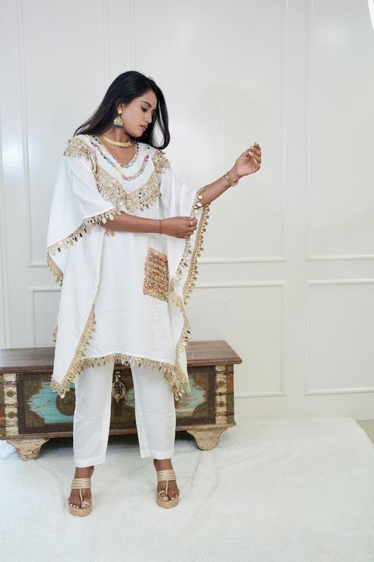 White Raw Silk Kafta Kurta With Pants
