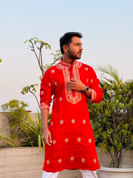 Red Heavy Kasab Embroidery Kurta