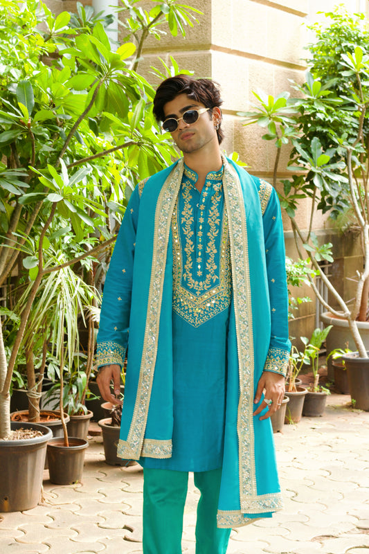Cadet Blue Zardosi Work Kurta And Dupatta