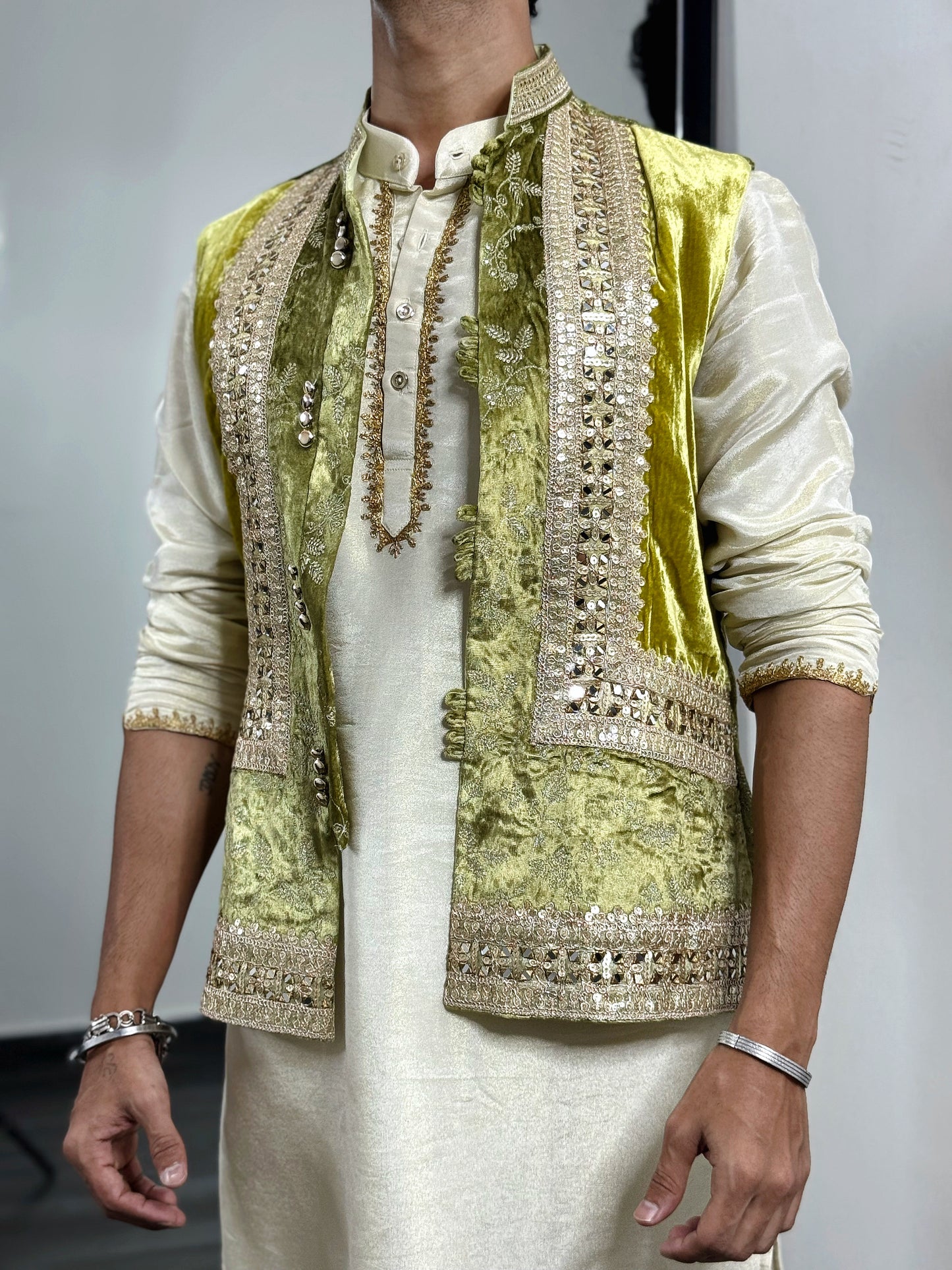 Green Velvet Embroidery Jacket With Kurta