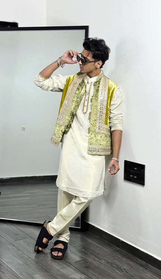 Green Velvet Embroidery Jacket With Kurta