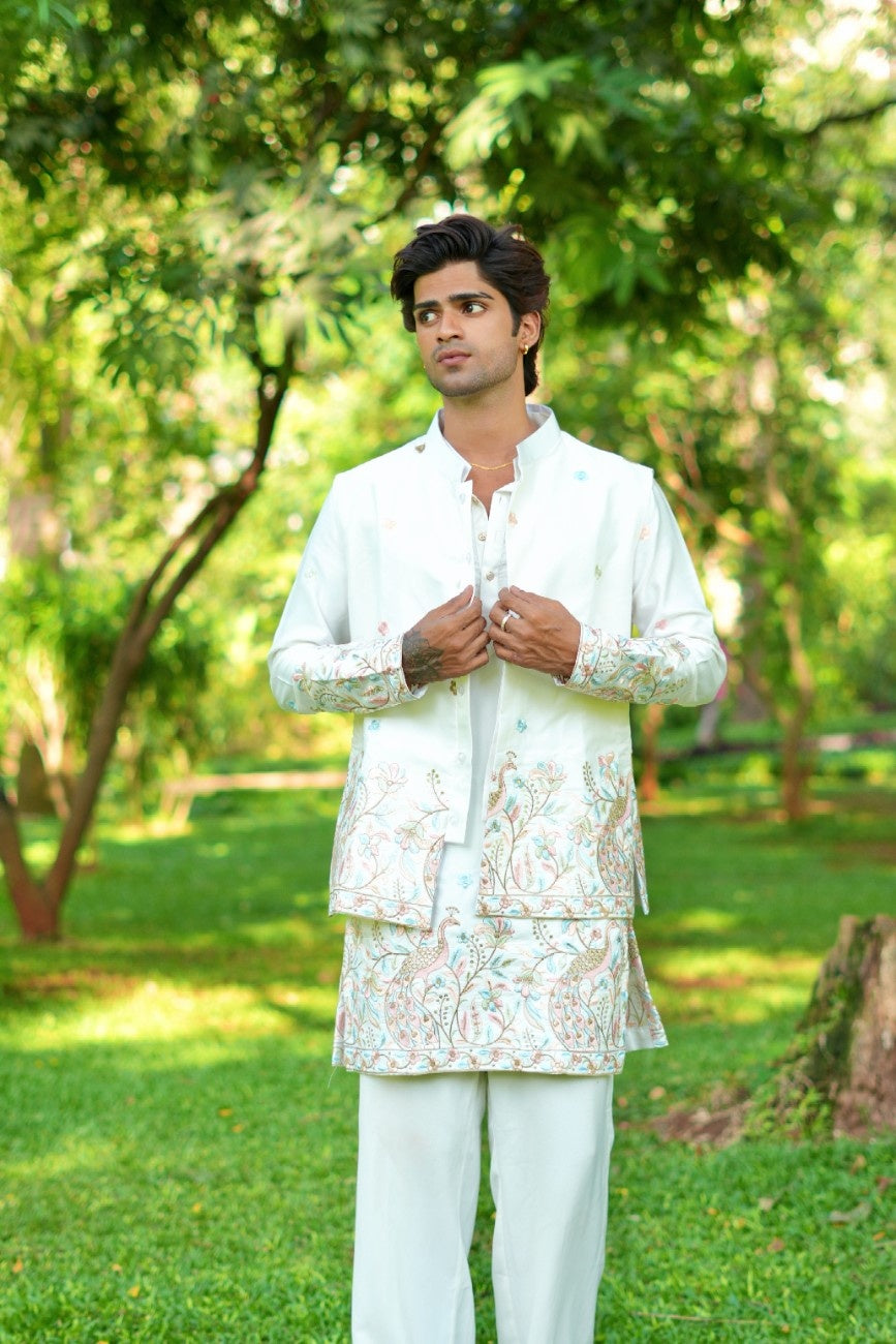 Rajvaibhav Mint Peacock Koti Kurta Set