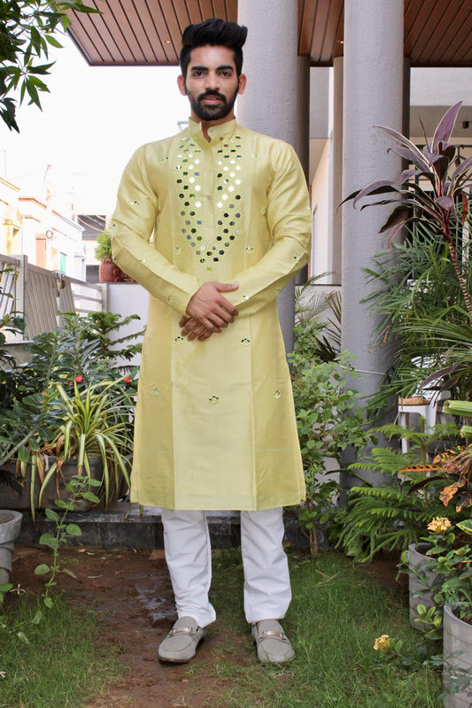 Green Silk Kurta with Elegant Mirror Embroidery