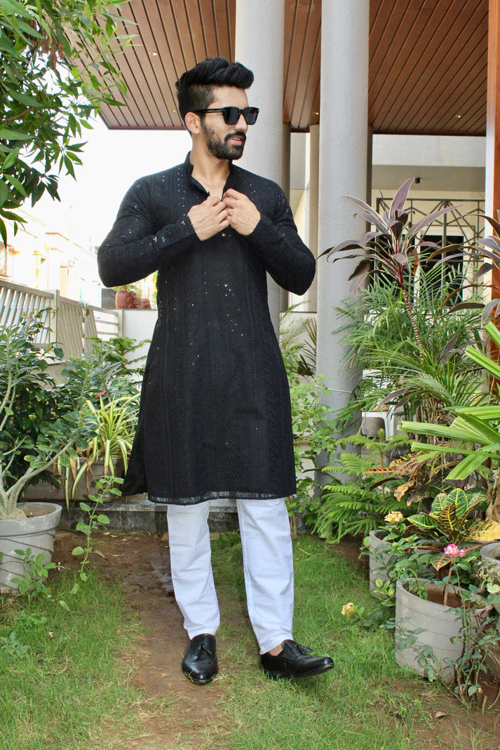 Buy Black Sequin Embroidered Kurta