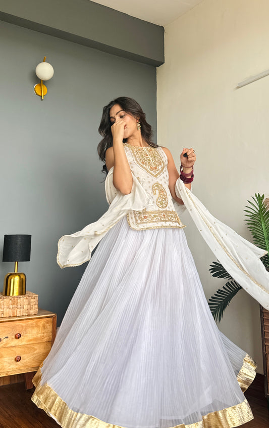 White Coral Gold Embriodery Lehanga choli with Dupatta