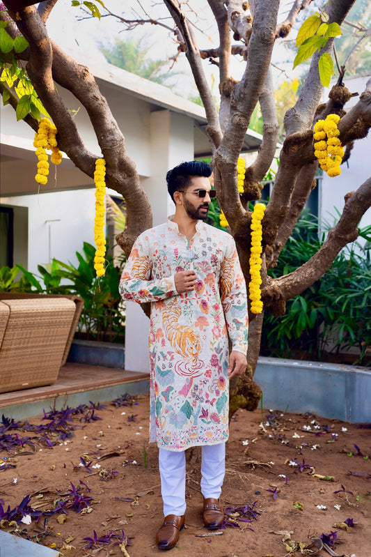 Ivory Mens Nicobar Printed Kurta