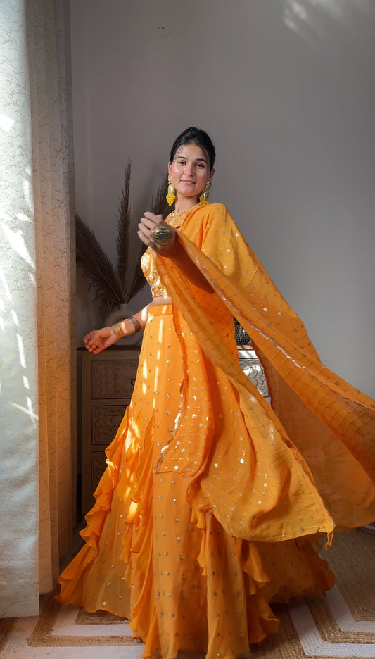 Bright Yellow Embellished Georgette Lehenga