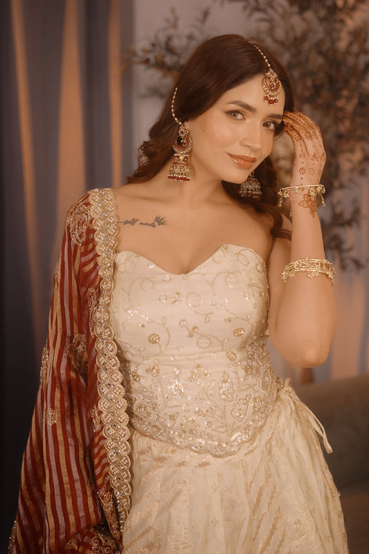 Ivory Maroon Ombre Zari Lehenga Set