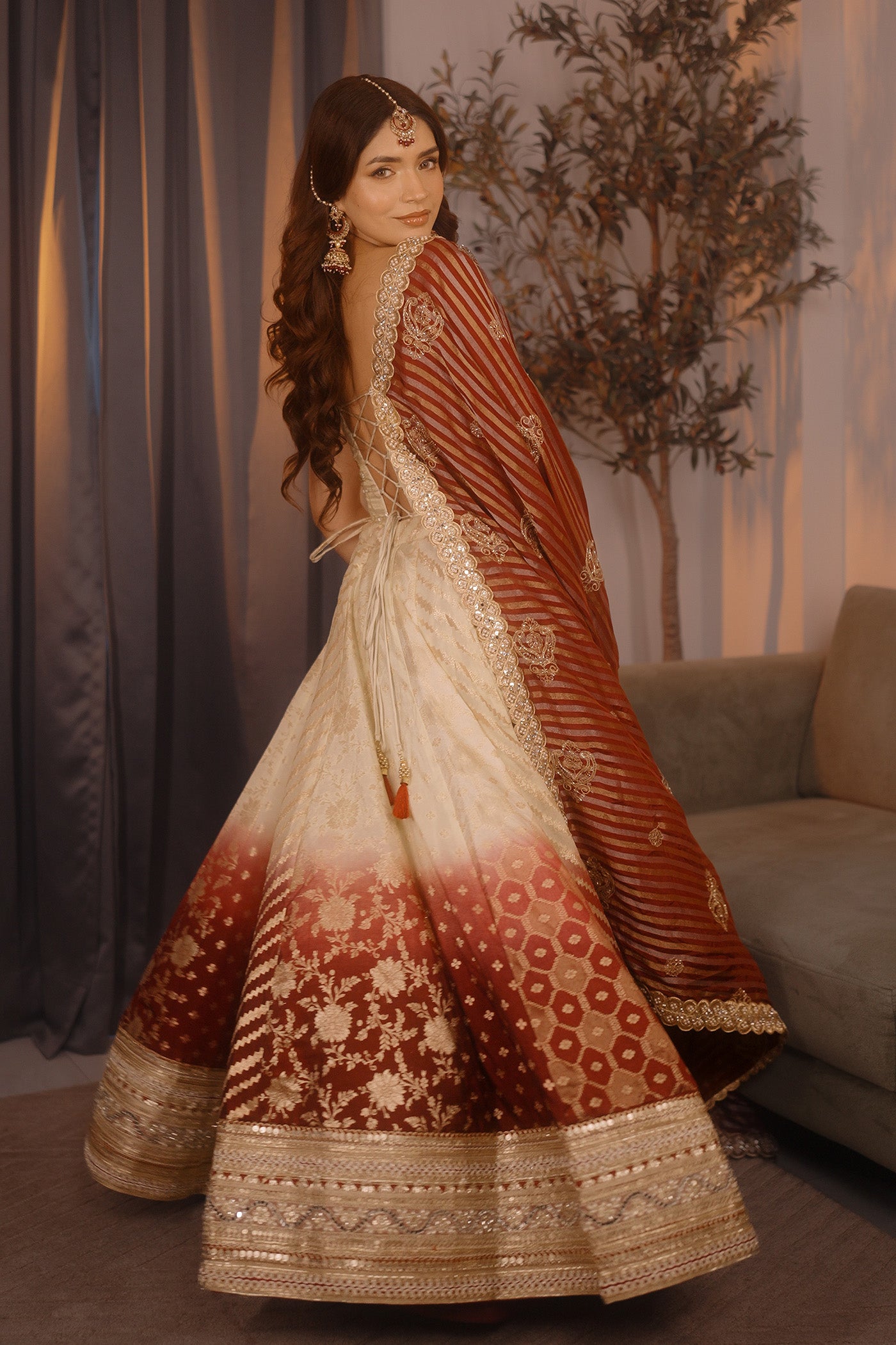 Ivory Maroon Ombre Zari Lehenga Set