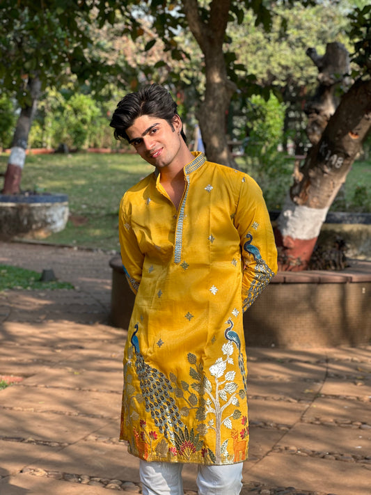 Sunshine Yellow Kurta with Traditional Deer and Peacock Print