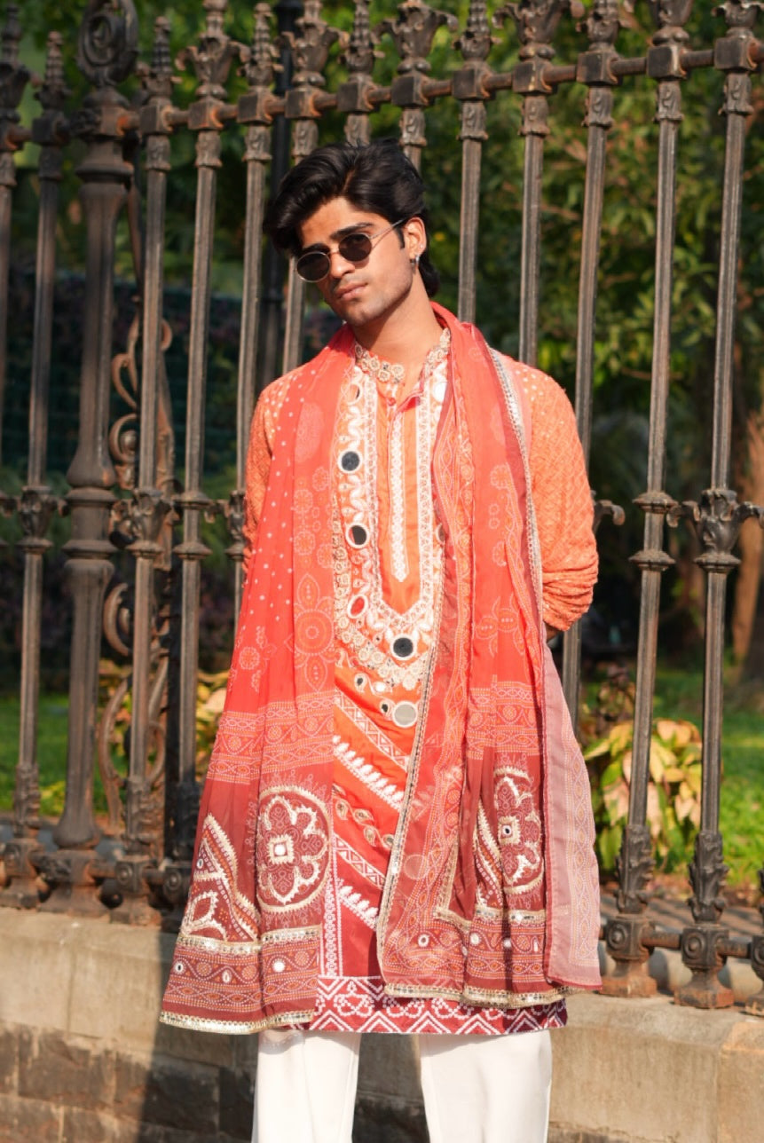 Cherry Red Bhandhani Kurta Plus Dupatta