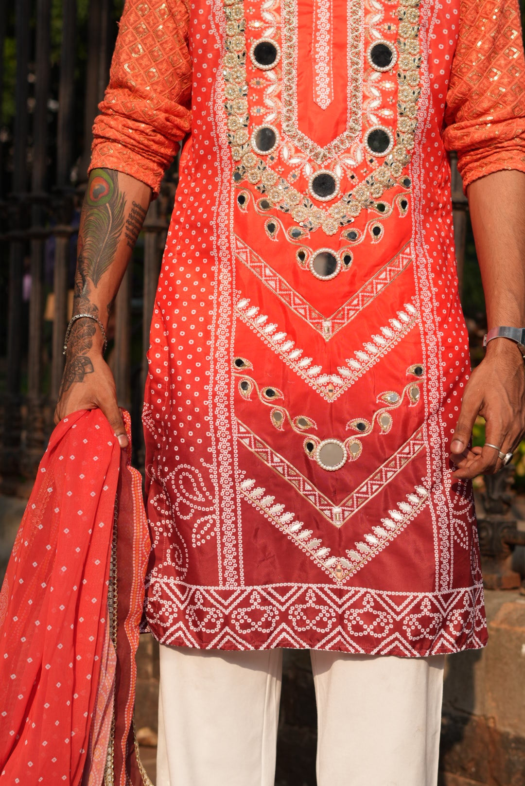 Cherry Red Bhandhani Kurta Plus Dupatta