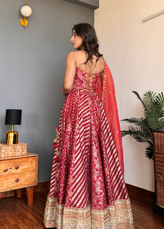 Red Corset Lehenga Dupatta