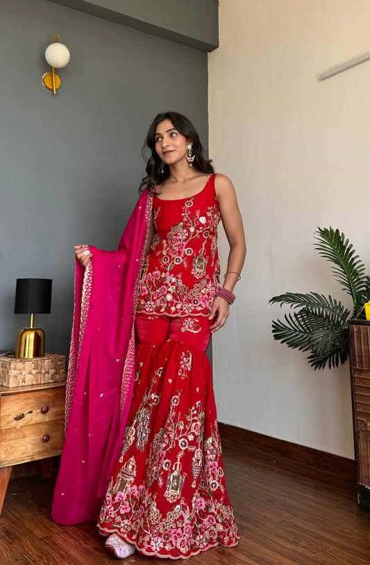 Red Peacock Sharara Kurta