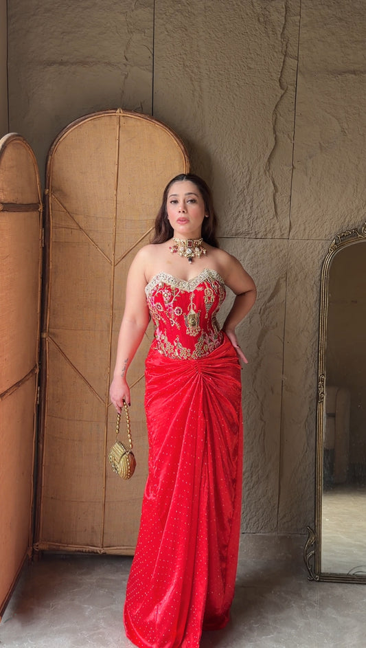 Ruhani Red Draped Skirt with Corset