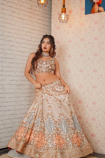 Peach All Over Worked Embroidery Lehenga