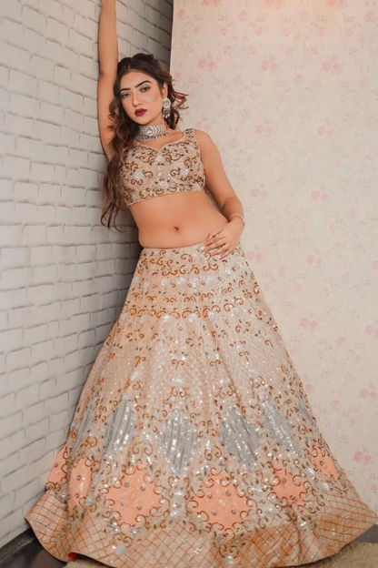 Peach All Over Worked Embroidery Lehenga