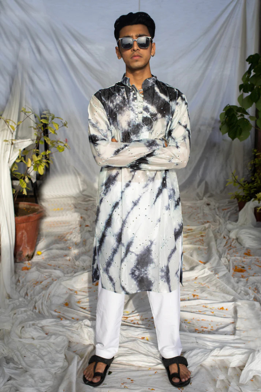 Phoenix Gray Mirror-Embroidered Chanderi Silk Kurta