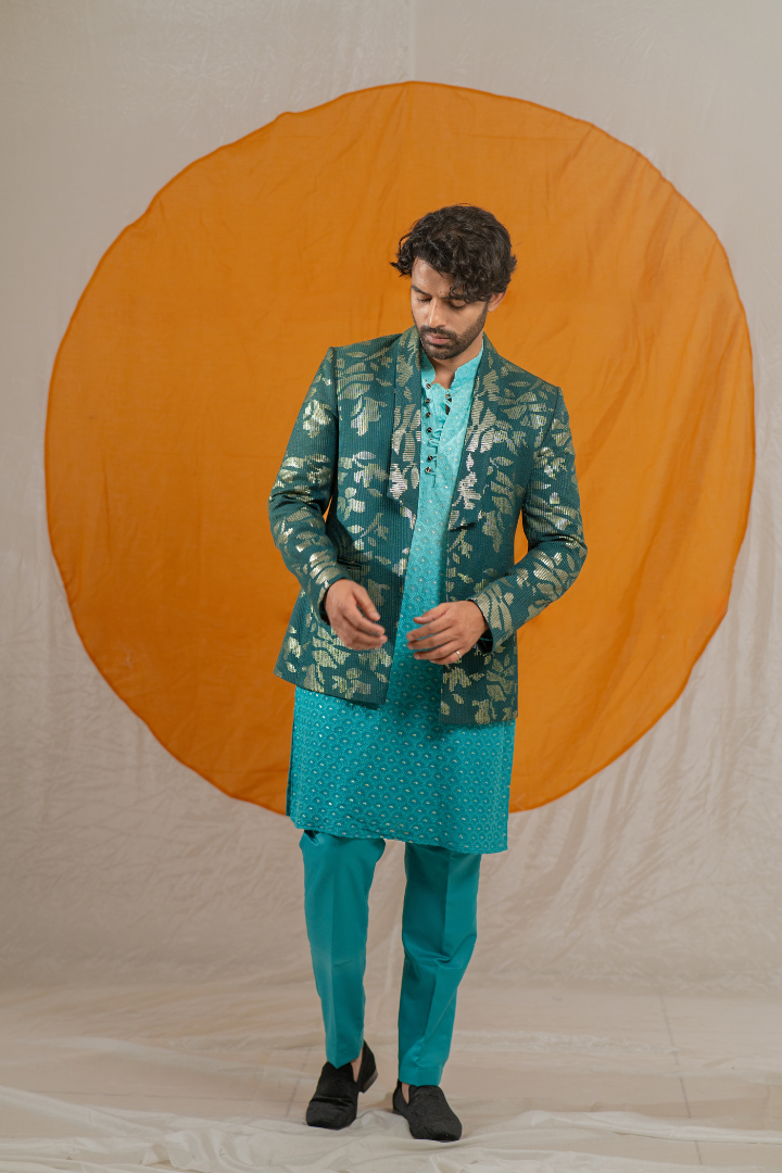 Emerald Sequin Jodhpuri with Lucknowi Embroidery and Silk Pants